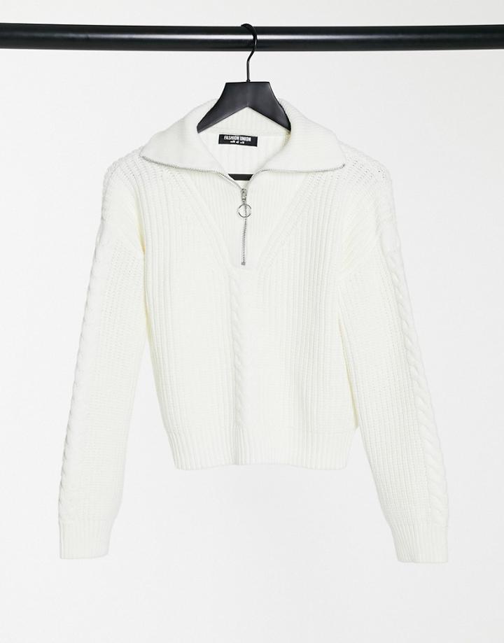 Fashion Union Sweater With Half Zip In Cable Knit-white