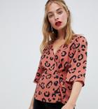 Asos Design Petite Wrap Top With Button Detail In Animal Print-multi