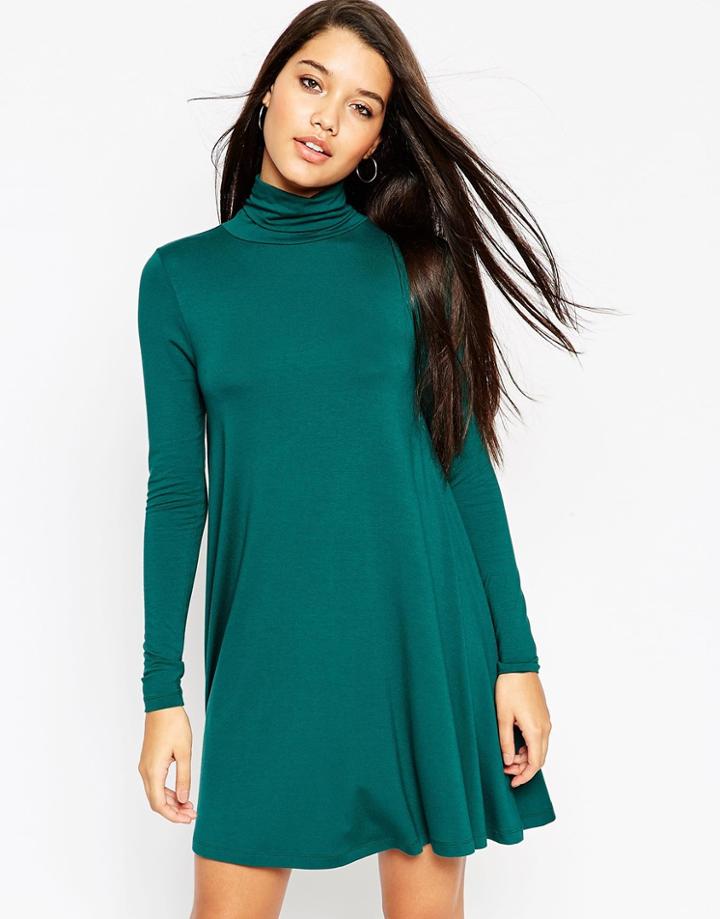 Asos Swing Dress With Turtleneck And Long Sleeves - Burgundy