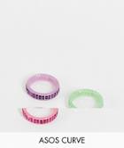 Asos Design Curve Pack Of 3 Plastic Rings With Colored Baguette Crystals-multi