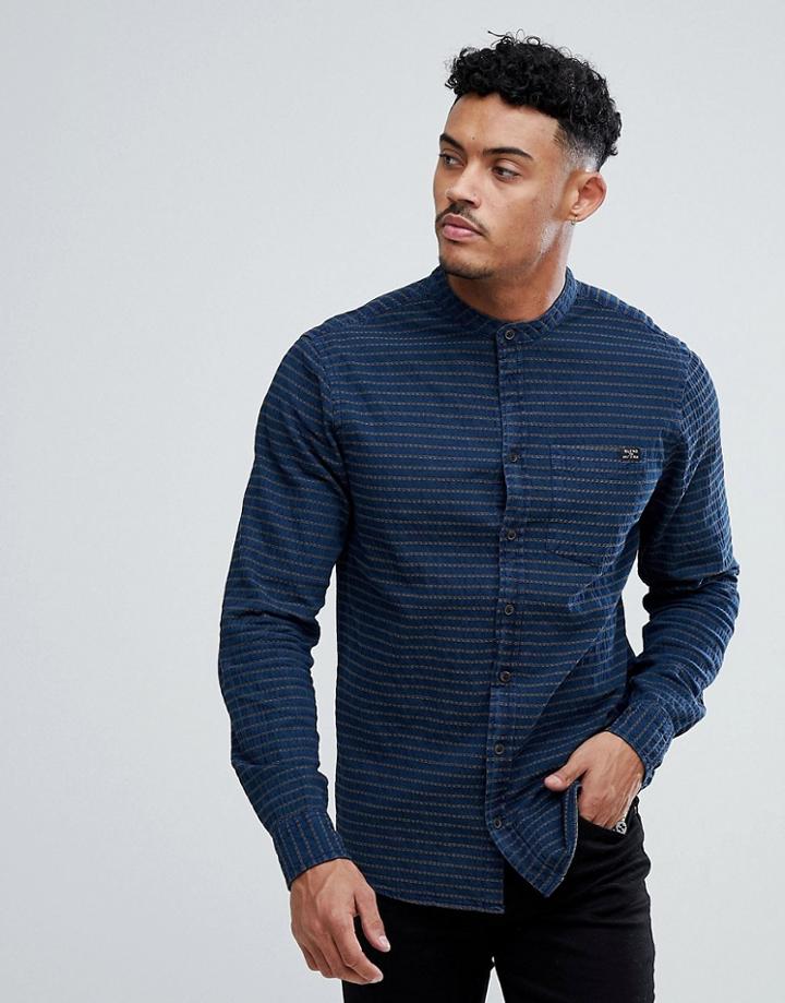 Blend Grandad Collar Shirt With Tonal Stripes - Navy