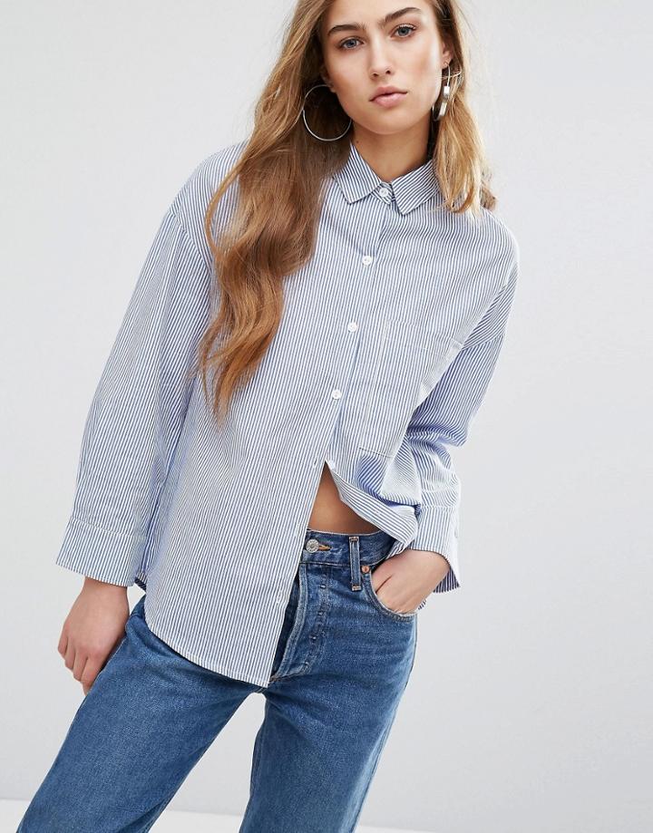 Daisy Street Relaxed Boyfriend Shirt In Pinstripe - Blue