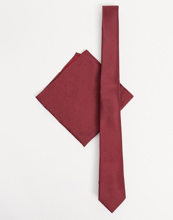 Asos Design Satin Slim Tie & Pocket Square In Burgundy-red
