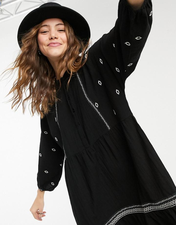 Vero Moda Embroidered Smock Midi Dress In Black