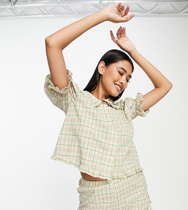 Lost Ink Frilly Collar Button Front Top And Short Set In Pink And Green Check Print-multi