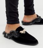 Asos Design Wide Fit Backless Mule Loafer In Black Velvet With Faux Fur Insock And Hardware Detail