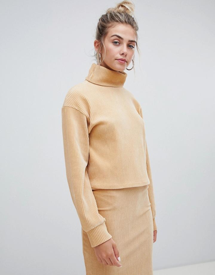 Bershka High Neck Chenille Sweatshirt In Beige - Beige