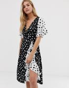 Influence Frill Skirt Detail Midi Dress With Wrap Front In Mix And Match Polka Dot Print-black