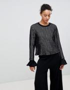 Unique 21 Striped Sweater With Frill Sleeves - Black