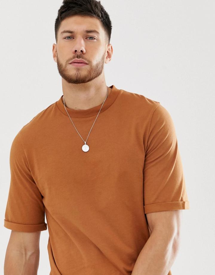 Asos Design T-shirt With Roll Mid Sleeve In Brown - Brown