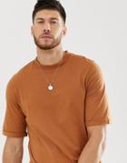 Asos Design T-shirt With Roll Mid Sleeve In Brown - Brown