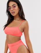 Asos Design Square Neck Skinny Crop Bikini Top In Washed Neon Pink Rib - Pink