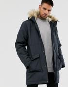 Only & Sons Parka With Fleece Lined Hood And Removable Faux Fur-navy