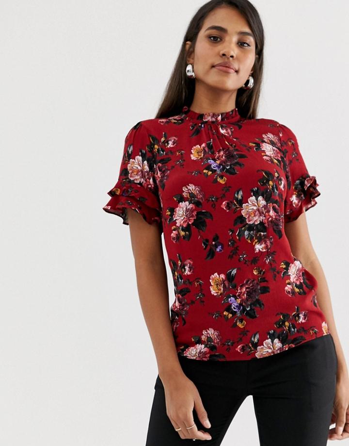 Oasis High Neck Blouse With Ruffle Cap Sleeves In Red Floral - Pink