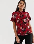 Oasis High Neck Blouse With Ruffle Cap Sleeves In Red Floral - Pink
