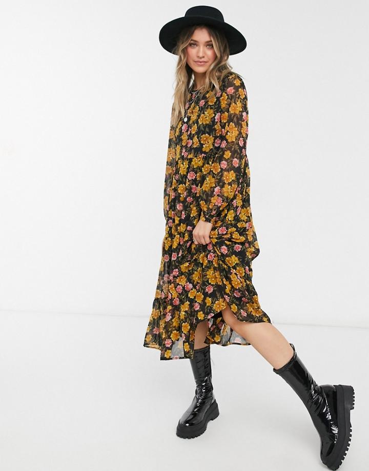Pieces Chiffon Midi Smock Dress In Black And Mustard Floral-multi