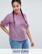 Asos Curve T-shirt In Lace With Ruffle Sleeve And Stripe Tipping - Purple