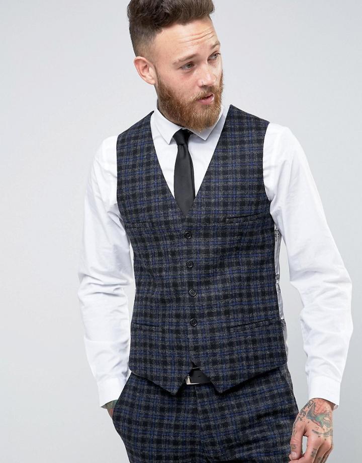 Noose & Monkey 100% Wool Overcheck Vest In Skinny Fit - Gray