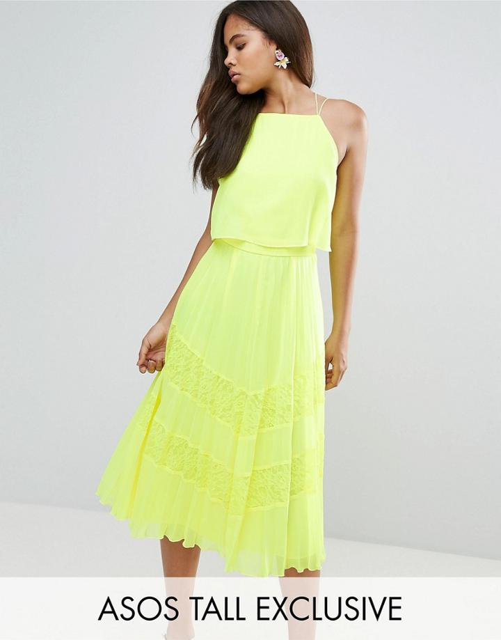 Asos Tall Lace Mix Crop Top Pleated Midi Skater Dress - Multi