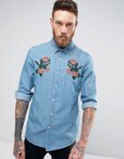 Asos Regular Fit Western Denim Shirt With Floral Embroidery - Blue