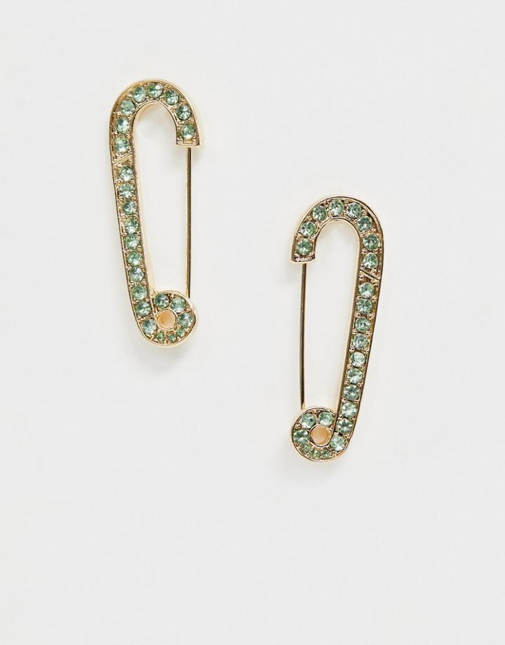 Asos Design Earrings In Green Crystal Safety Pin Design In Gold Tone - Gold