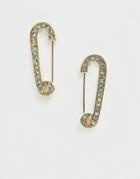 Asos Design Earrings In Green Crystal Safety Pin Design In Gold Tone - Gold