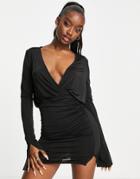 Asos Design Drape Neck Mini Dress With Split Cuff In Black