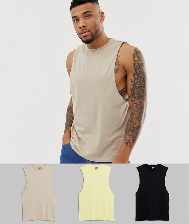 Asos Design Organic Sleeveless T-shirt With Dropped Armhole 3 Pack Multipack Saving - Multi