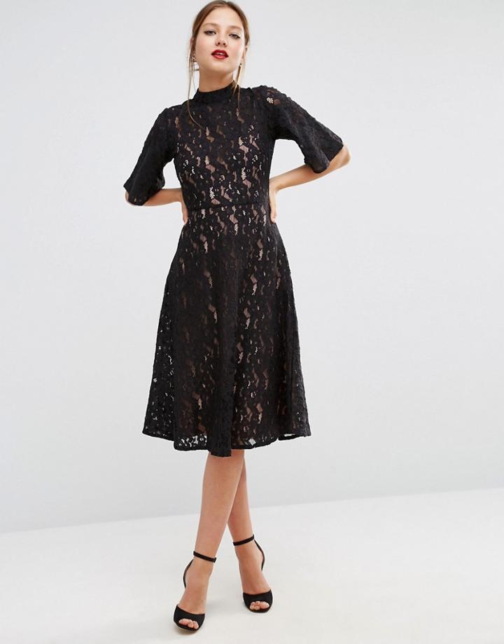 Asos Kimono Sleeve Midi Skater Dress In Lace - Black