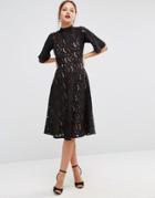 Asos Kimono Sleeve Midi Skater Dress In Lace - Black