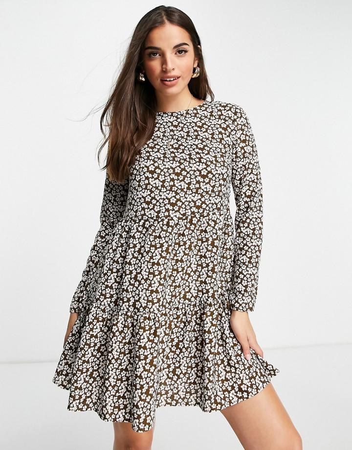Asos Design Long Sleeve Tiered Smock Mini Dress In Khaki Floral Print-multi