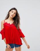 Qed London Lace Neck Cold Shoulder Angel Sleeve Top - Red