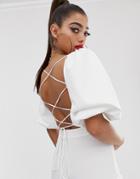 Asos Design Sweetheart Twist Front Top In Scuba With Puff Sleeve And Tie Back - White