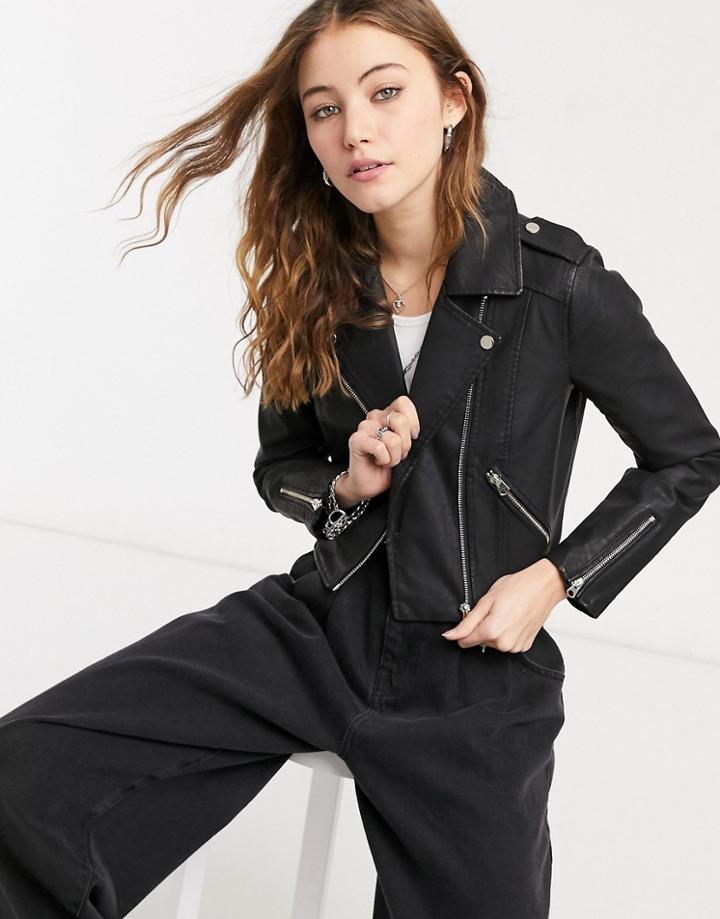 Miss Selfridge Faux-leather Cropped Moto Jacket In Black