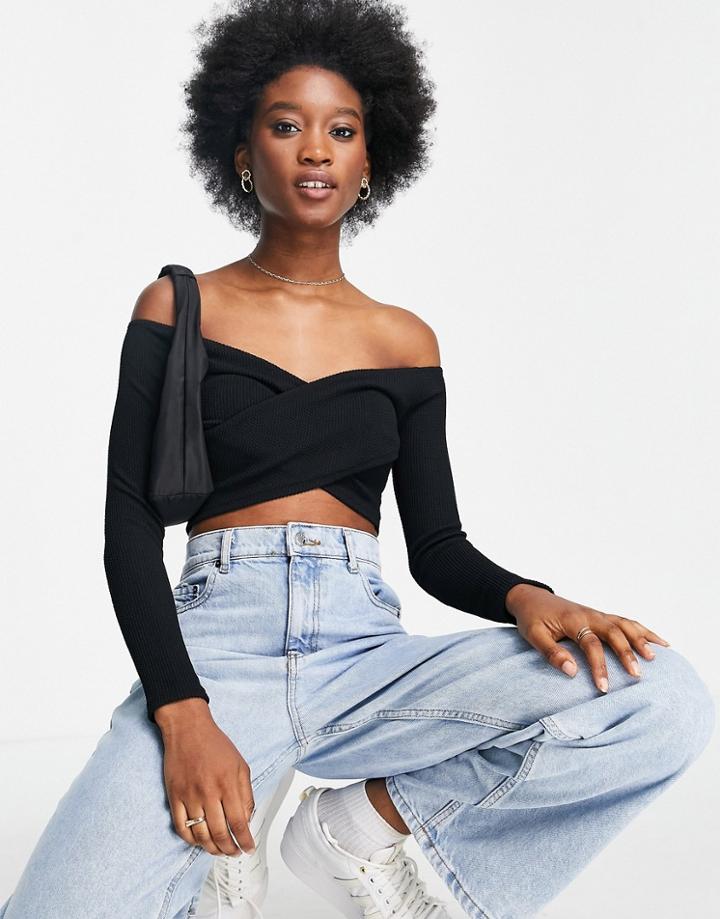 Miss Selfridge Long Sleeve Ribbed Wrap Front Top In Black-brown