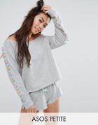 Asos Petite Lounge Off Shoulder Sweat With Pom Poms - Gray