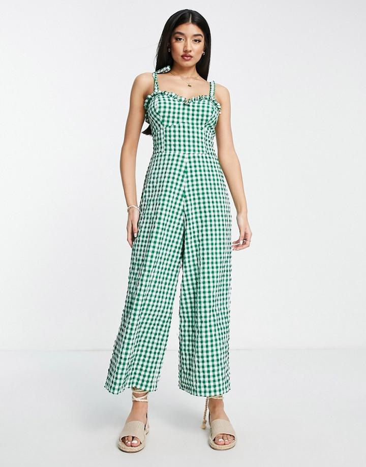Asos Design Sweetheart Neck Jumpsuit With Tie Shoulder In Green Gingham-multi