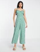 Asos Design Sweetheart Neck Jumpsuit With Tie Shoulder In Green Gingham-multi