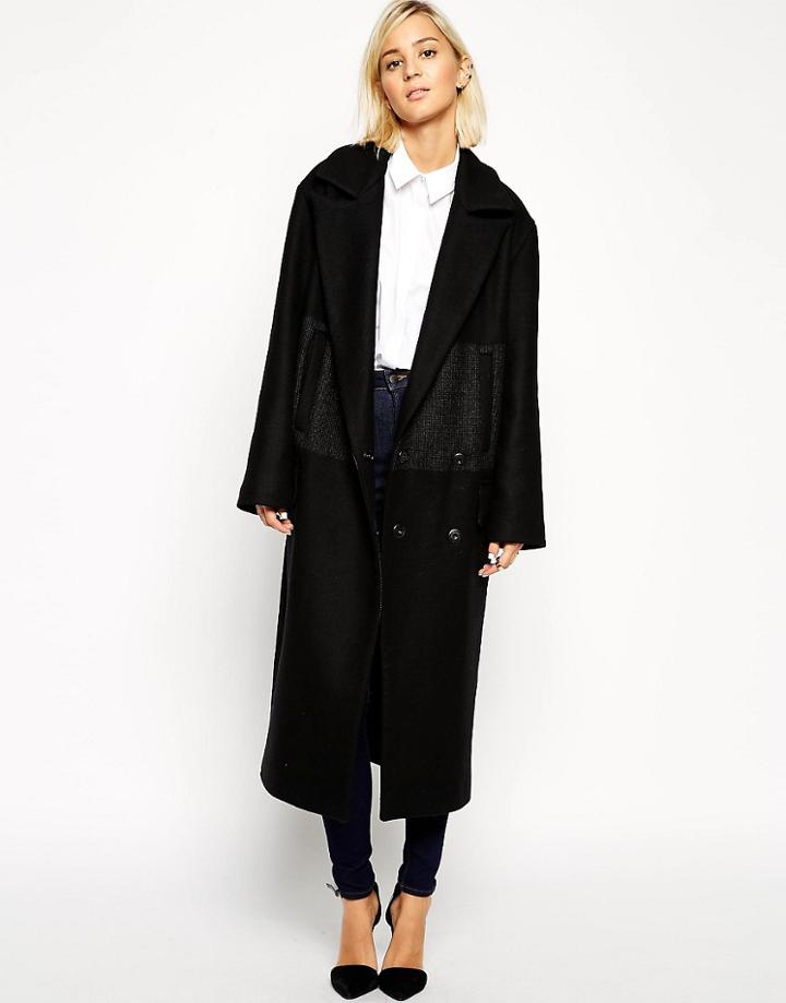 Asos White Stripe Panel Longline Coat - Black