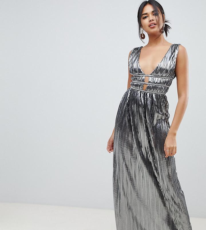 Asos Design Metallic Plisse Plunge Maxi Dress - Silver
