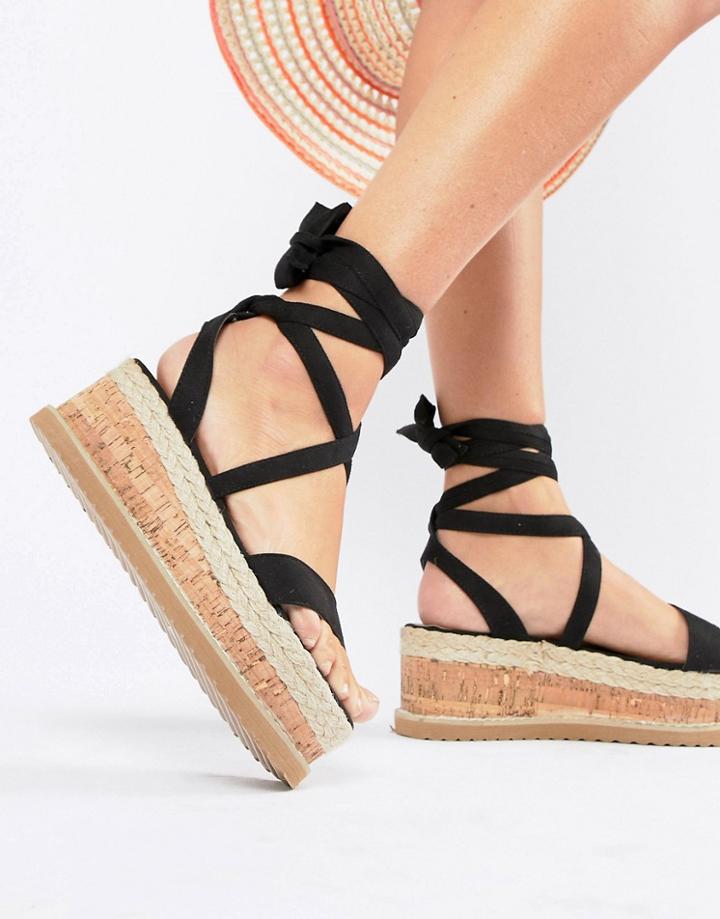 Prettylittlething Tie Up Espadrille Sandals - Black