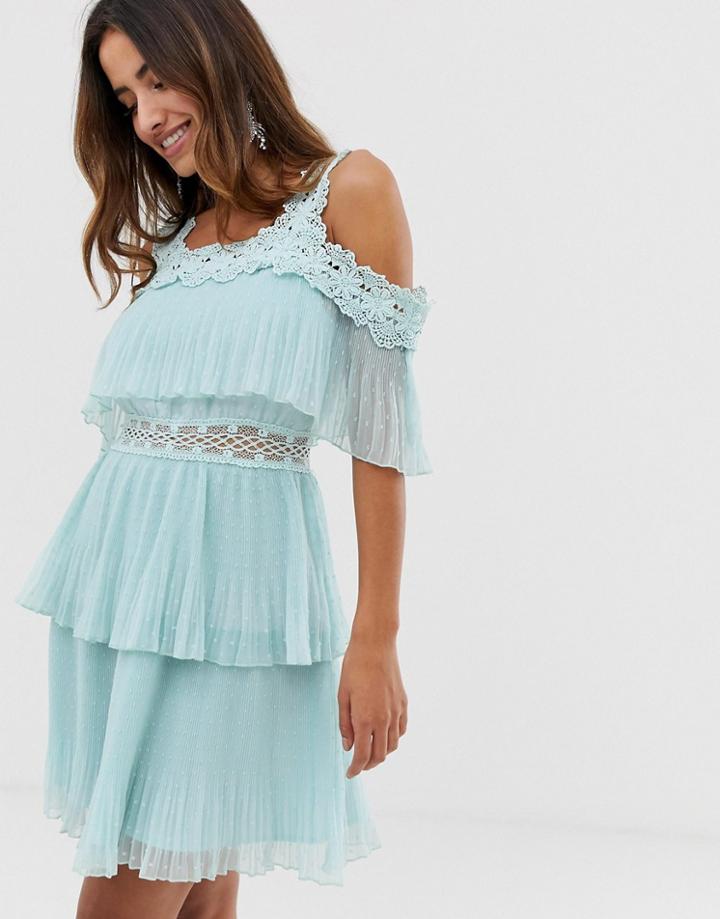 Forever U Tiered Mini Dress With Lace Trim In Mint-green