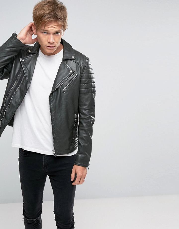 Goosecraft Leather Biker Jacket Asymmetric Zip In Green - Green