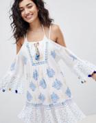 South Beach Cold Shoulder Printed Beach Dress With Pom Pom Sleeve Trimeve Trim - Multi