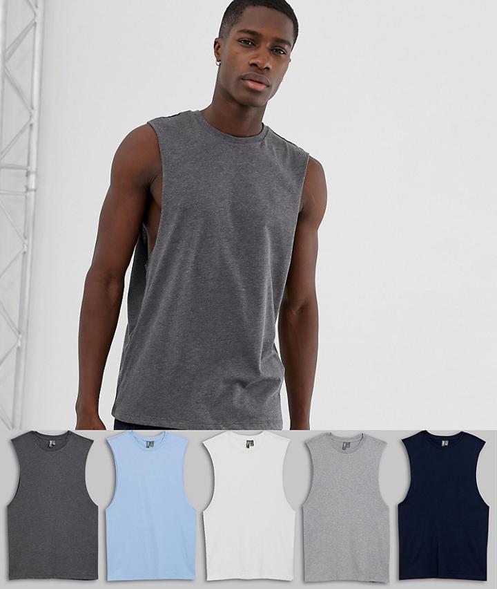 Asos Design Sleeveless T-shirt With Dropped Armhole 5 Pack Multipack Saving - Multi