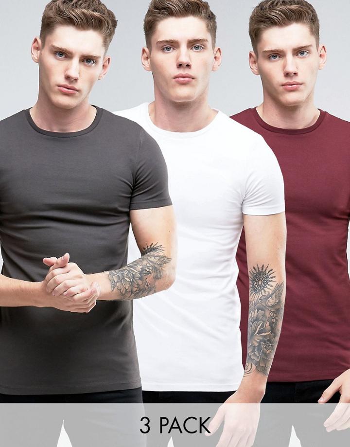 Asos 3 Pack Longline Muscle T-shirt In White/black/red - Multi