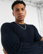 Asos Design Muscle Fit Lightweight Cable Sweater In Navy