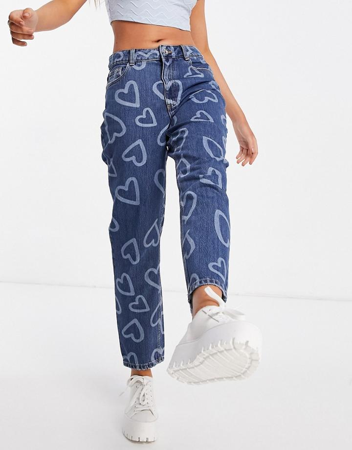 New Look Heart Graffiti Mom Jean In Mid Blue-blues