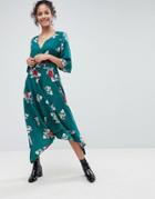 Influence Hanky Hem Floral Wrap Midi Dress With Flared Sleeve - Green