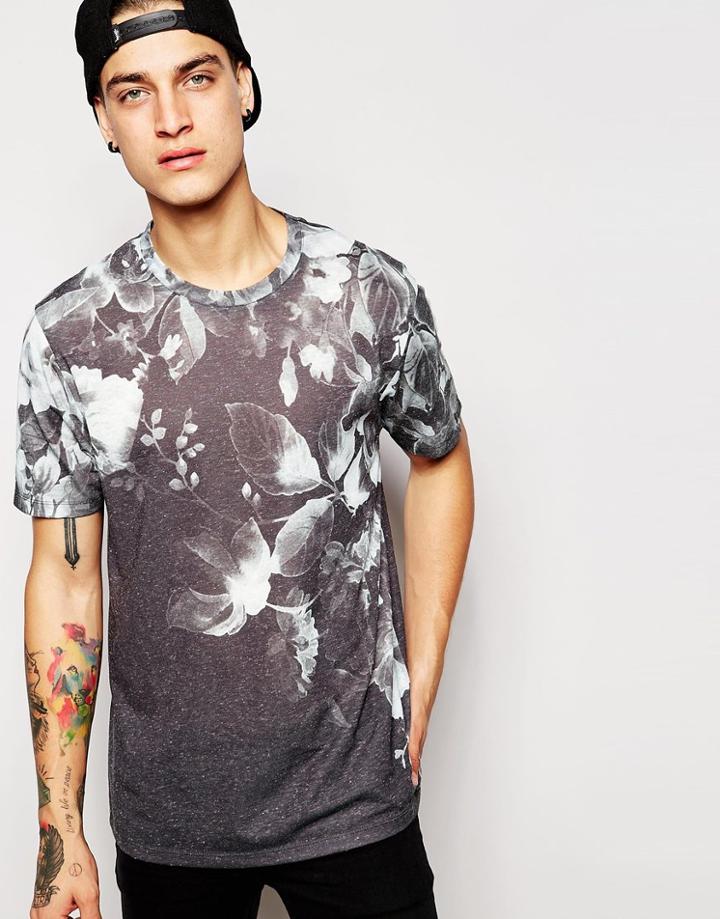 Asos T-shirt With Floral Print And Neppy Fabric In Relaxed Skater Fit - Gray